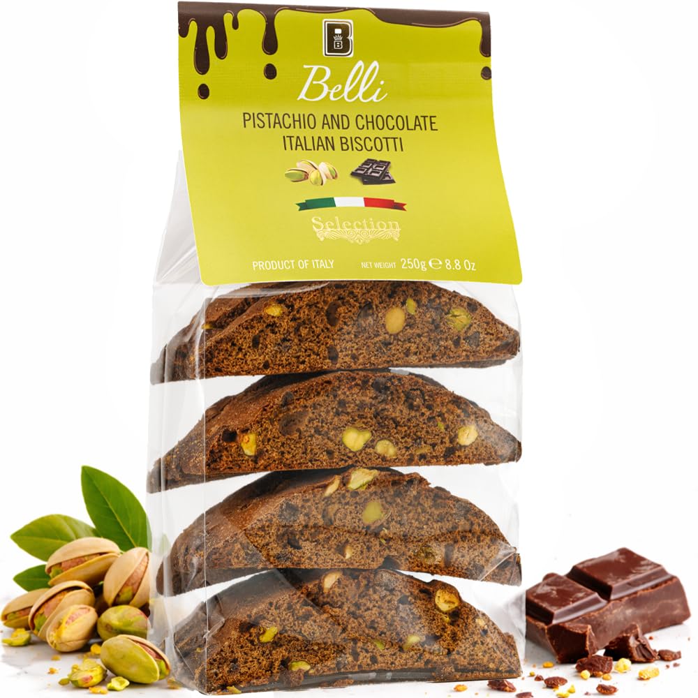 Belli pistachio chocolate biscotti pack on rustic table, ideal gift idea.
