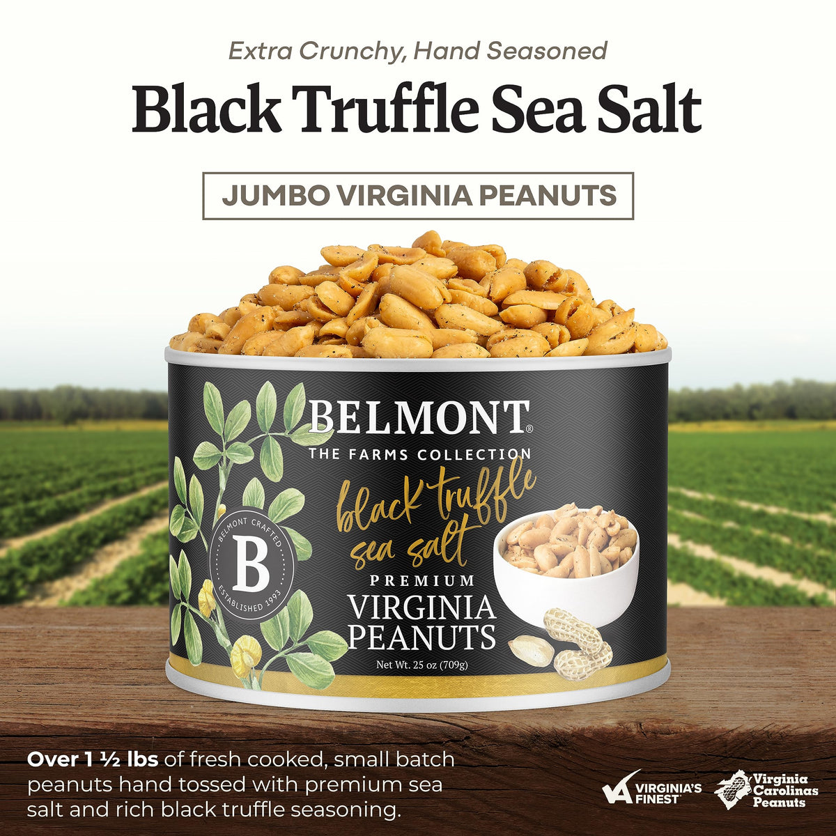 Belmont Peanuts Black Truffle Virginia Peanuts seasoning close-up highlights gourmet flavor