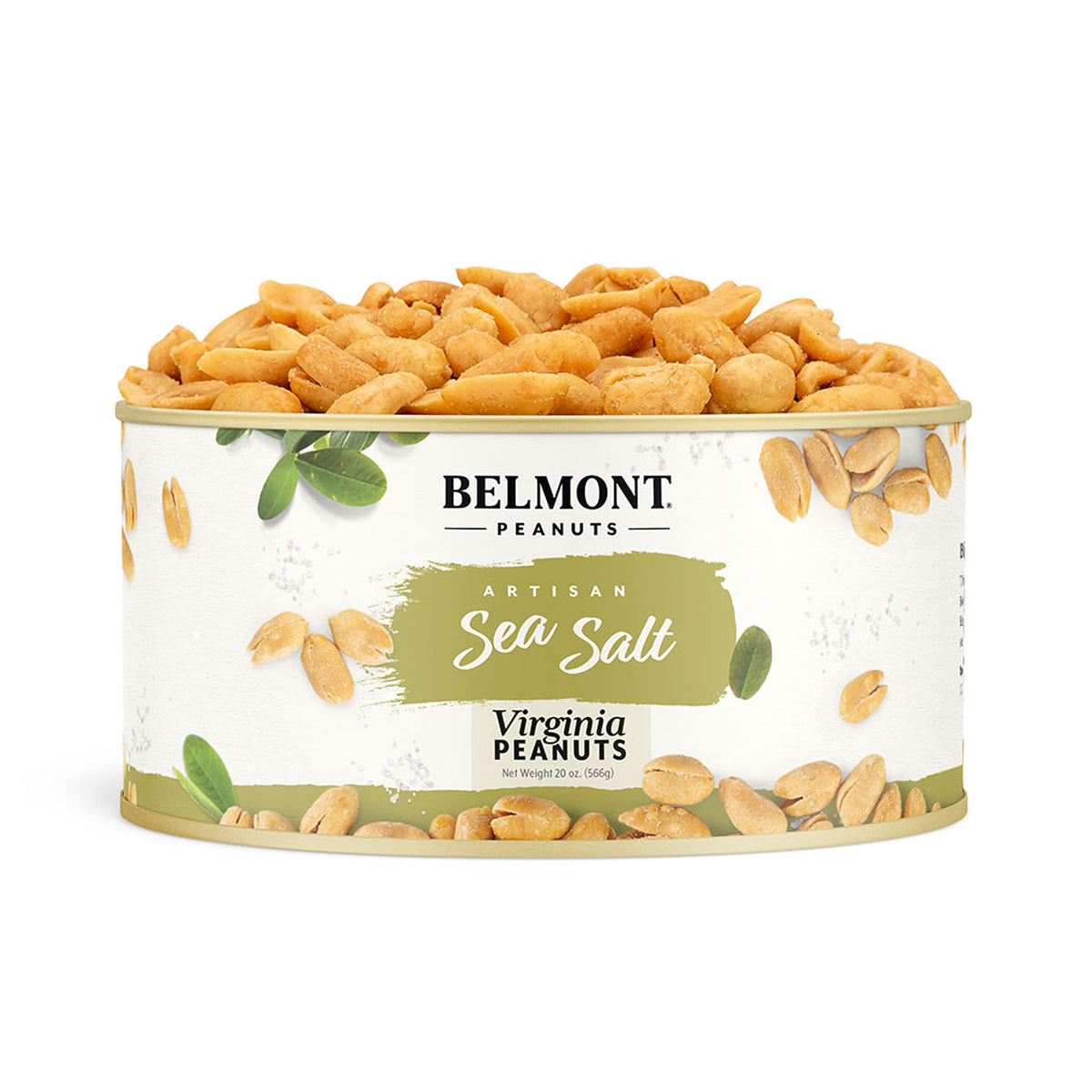 Belmont Peanuts front label 20 oz showcasing premium sea-salted Virginia peanuts.