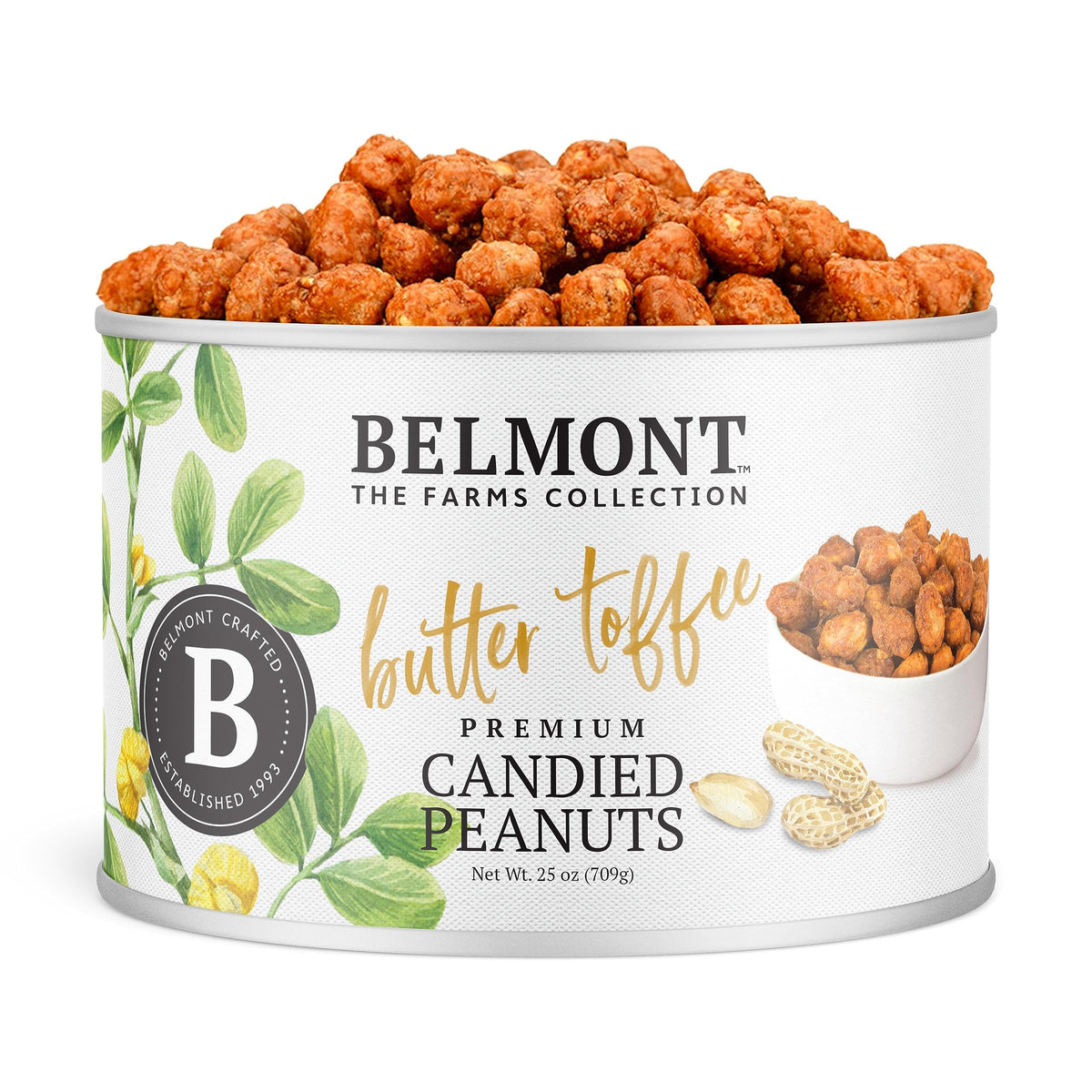 Belmont Peanuts gourmet butter toffee peanuts in a jar showing rich color and crunch.