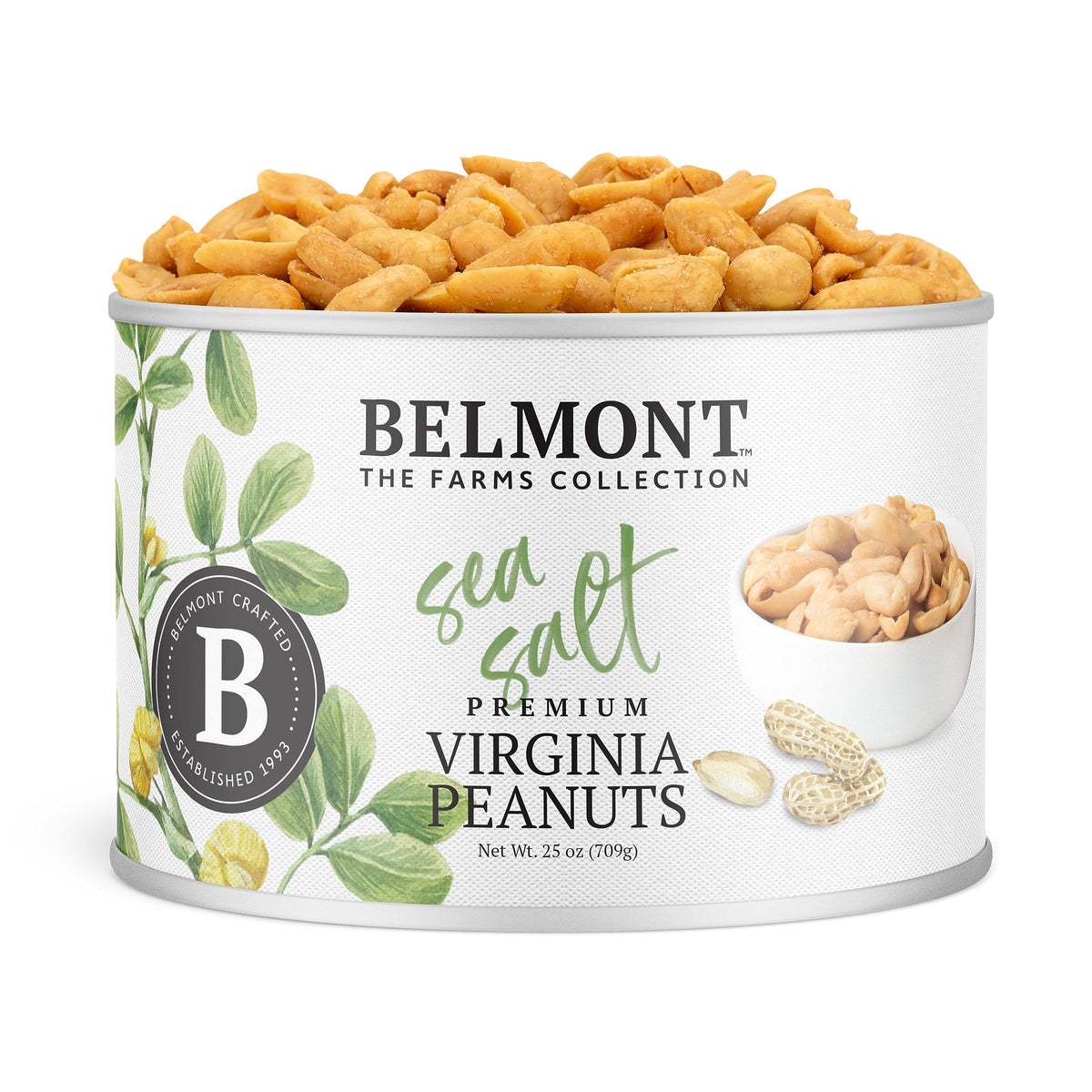 Belmont Peanuts sea-salted Virginia peanuts, hand-seasoned, premium crunch in a resealable bag.