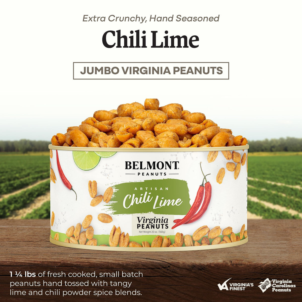 Belmont Peanuts hand-seasoned chili lime peanuts close-up showing bold flavor and crunch
