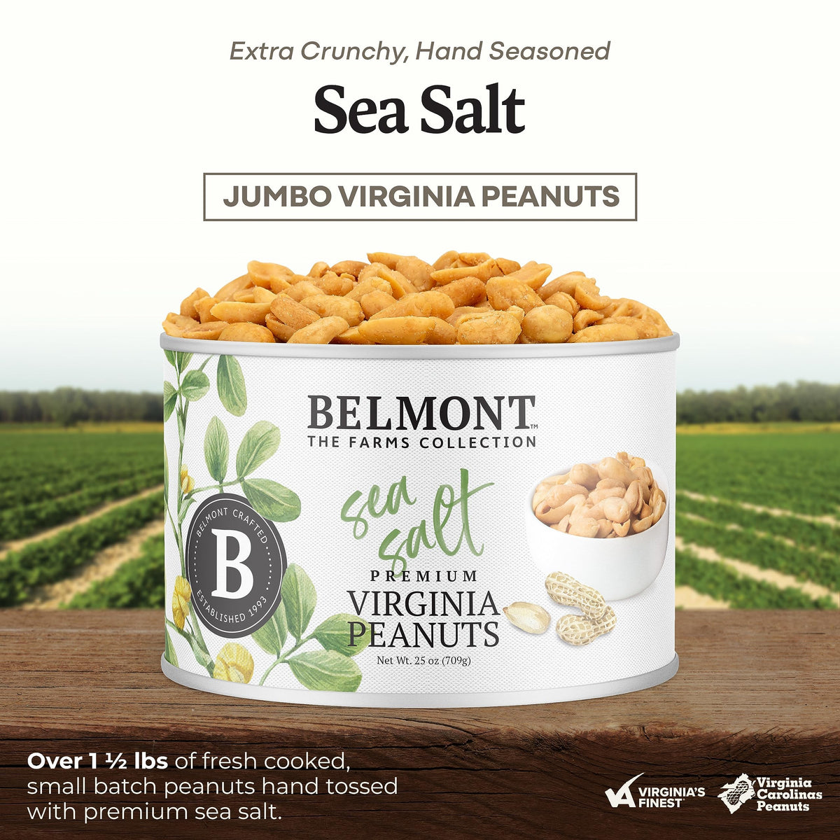 Belmont Peanuts hand-seasoned closeup highlights flavorful seasoning and jumbo crunch.