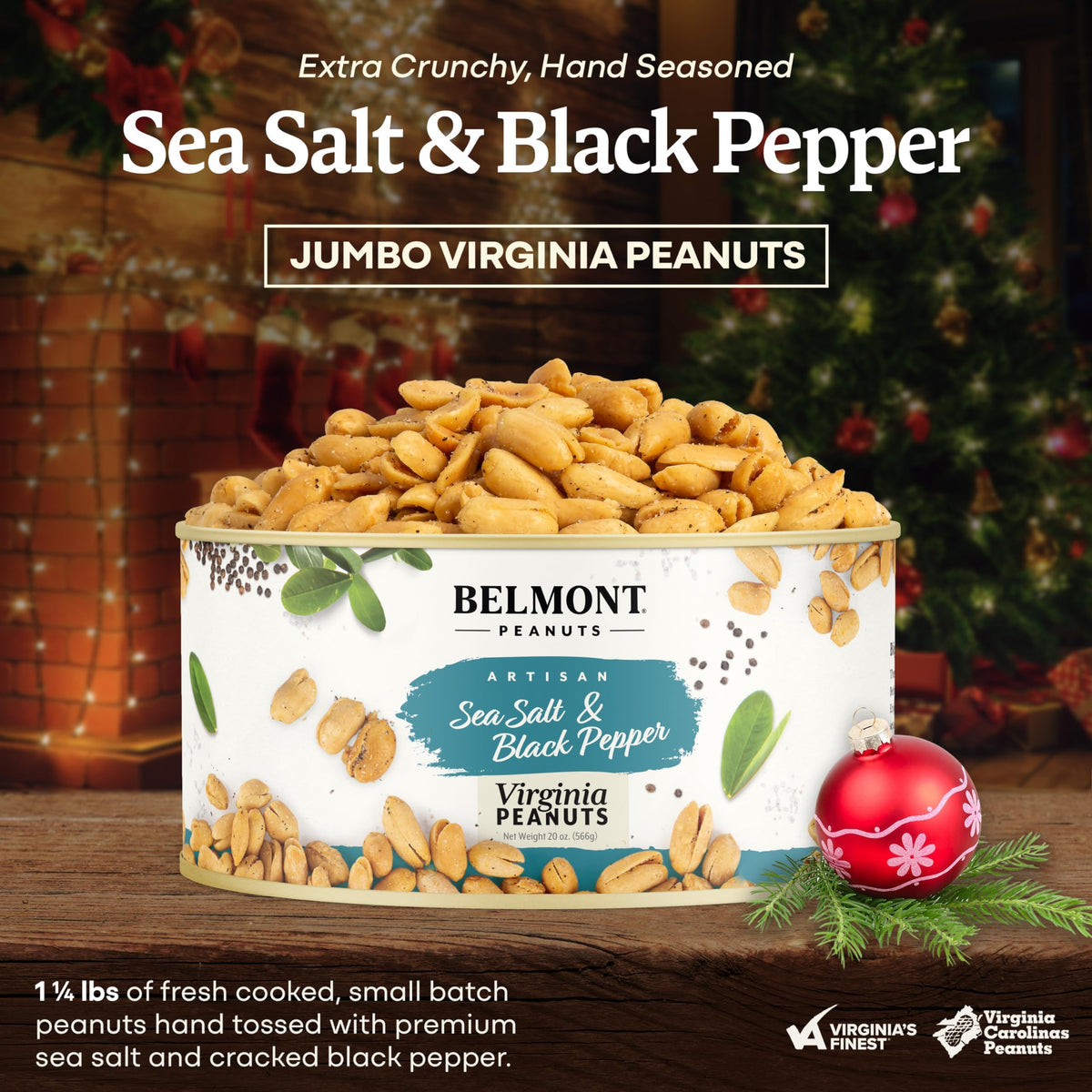 Belmont Peanuts hand-seasoned jumbo peanuts on a tray show rich crunch