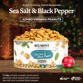 Belmont Peanuts hand-seasoned jumbo peanuts on a tray show rich crunch
