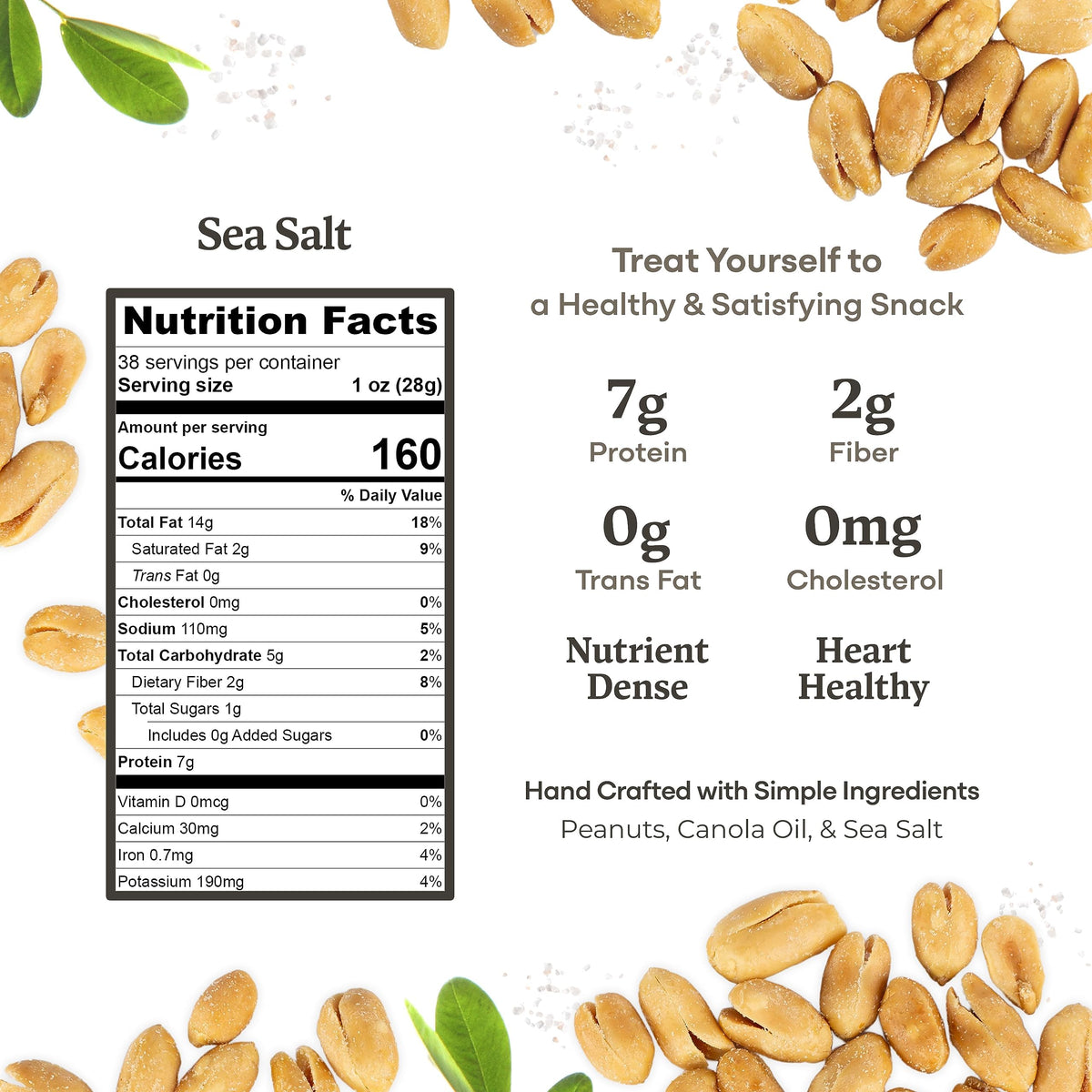 Nutrition label on Belmont Peanuts highlights 7g protein per serving.