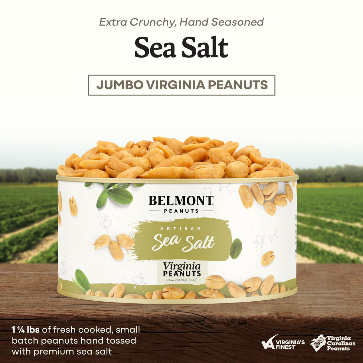 Belmont Peanuts packaging sea salt angle highlights simple three-ingredient formula.