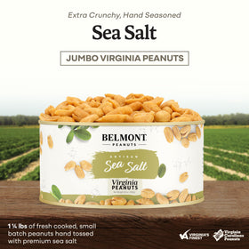 Belmont Peanuts packaging sea salt angle highlights simple three-ingredient formula.