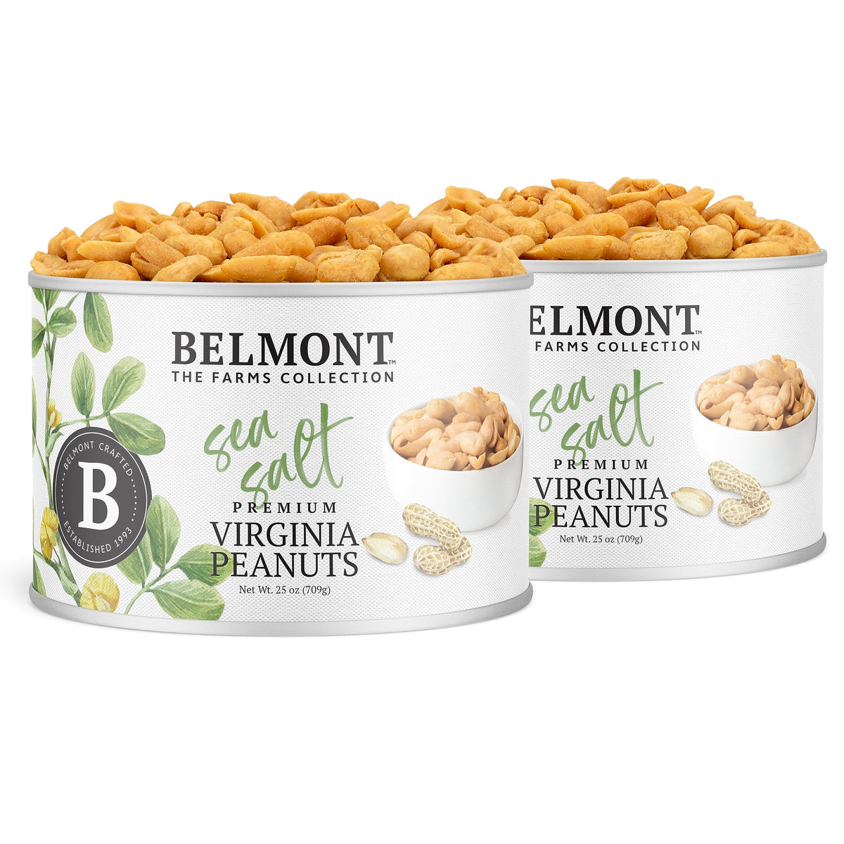 Belmont Peanuts gourmet sea-salted Virginia peanuts packshot, showcasing premium two-pack for fresh, crunchy snacking.
