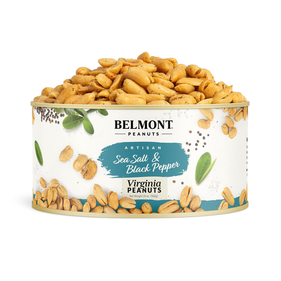 Belmont Peanuts sea salt and black pepper jar close-up highlighting premium hand-seasoned flavor