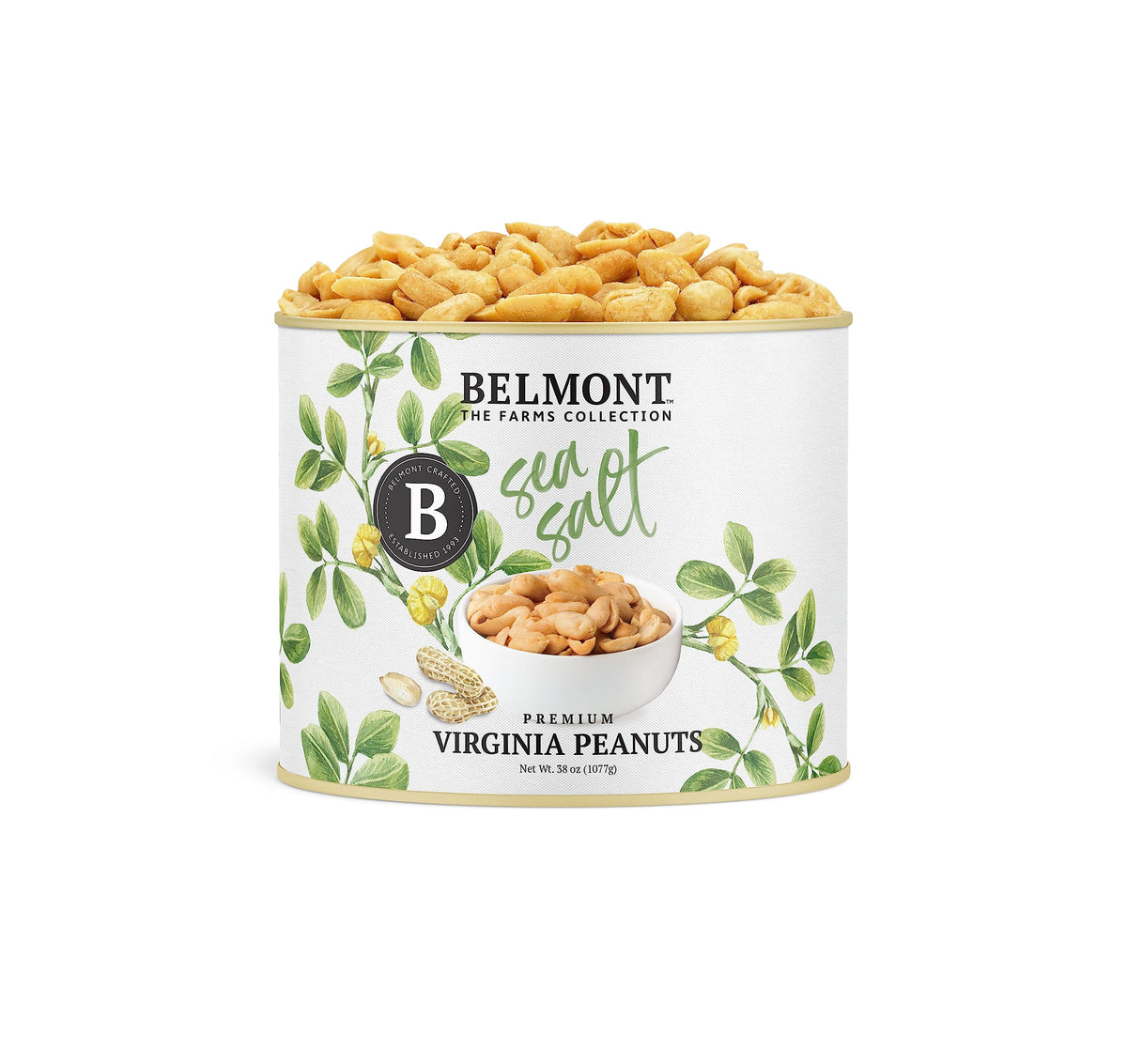 Belmont Peanuts sea-salted Virginia peanuts 38 oz jar on shelf, ideal for entertaining.
