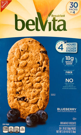 Belvita Blueberry Breakfast Biscuits pack front view, convenient morning snack for steady energy.