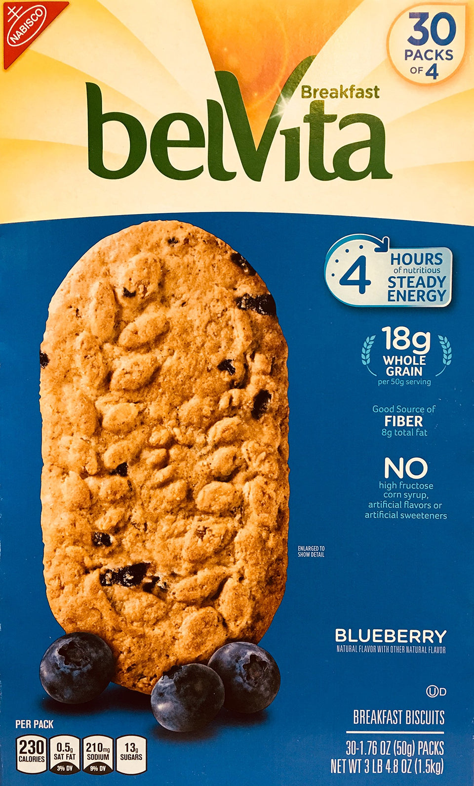 Belvita Blueberry Breakfast Biscuits pack front view, convenient morning snack for steady energy.
