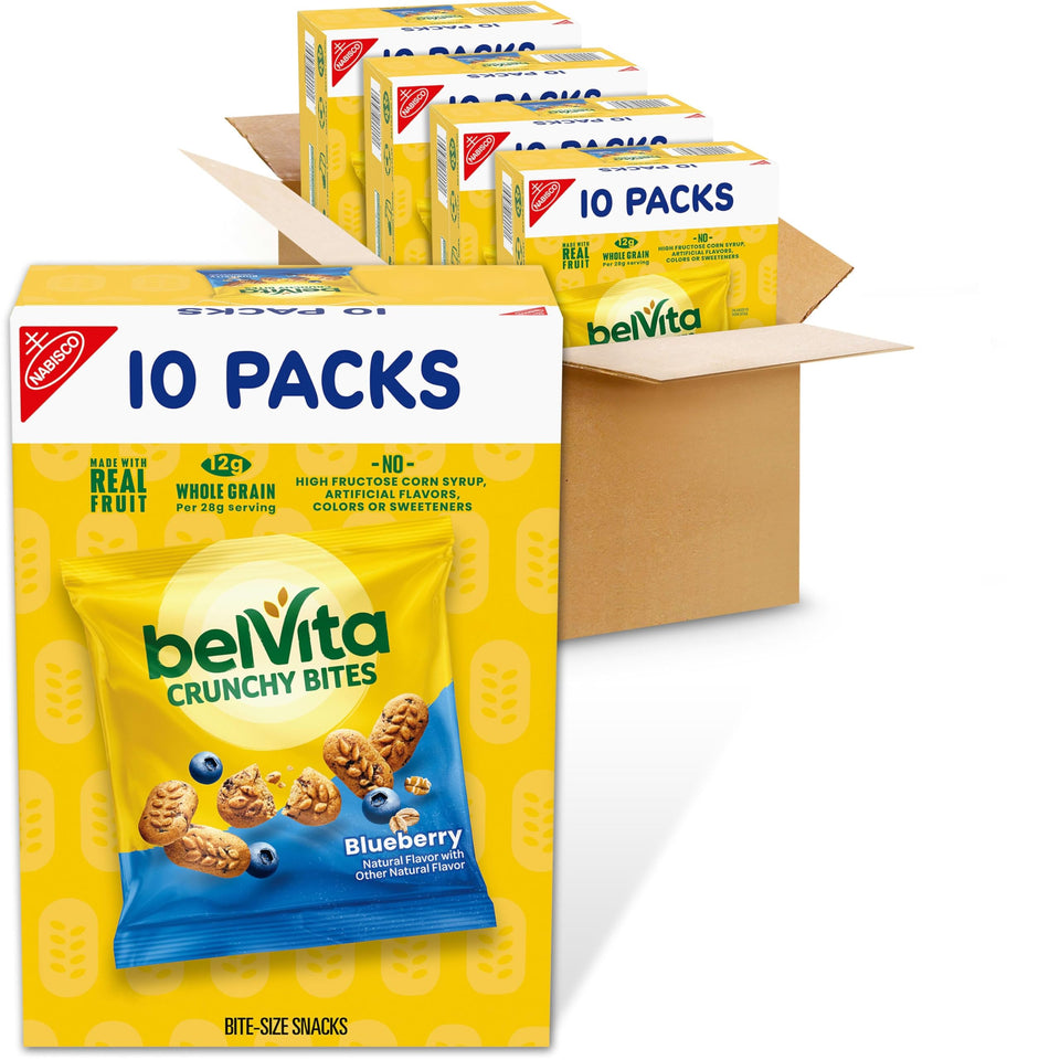 BelVita Blueberry Crunchy Bites package front, ideal for grab-and-go mornings.