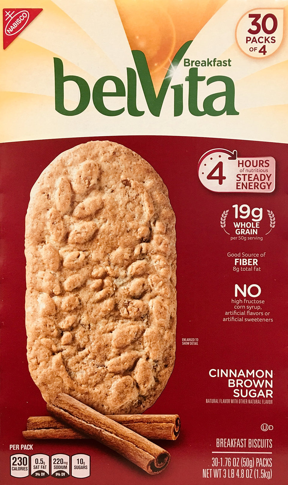 Belvita Brown Sugar Biscuits packaging showing value pack for steady energy on the go.