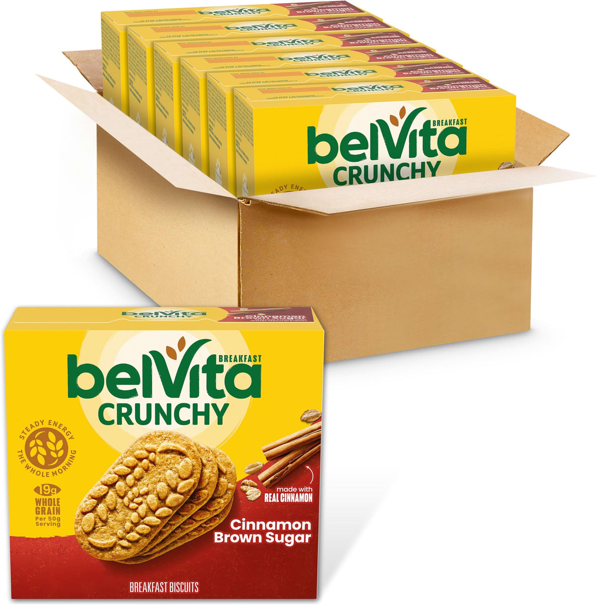 Belvita Cinnamon Brown Sugar Breakfast Biscuits close-up showing crunchy texture and morning energy