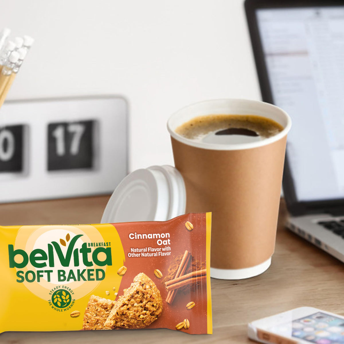 Nutrition panel of Belvita Cinnamon Oat Bar showing whole grains and fiber.