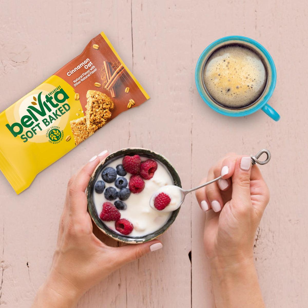 Belvita Cinnamon Oat with yogurt and fruit for a balanced morning.