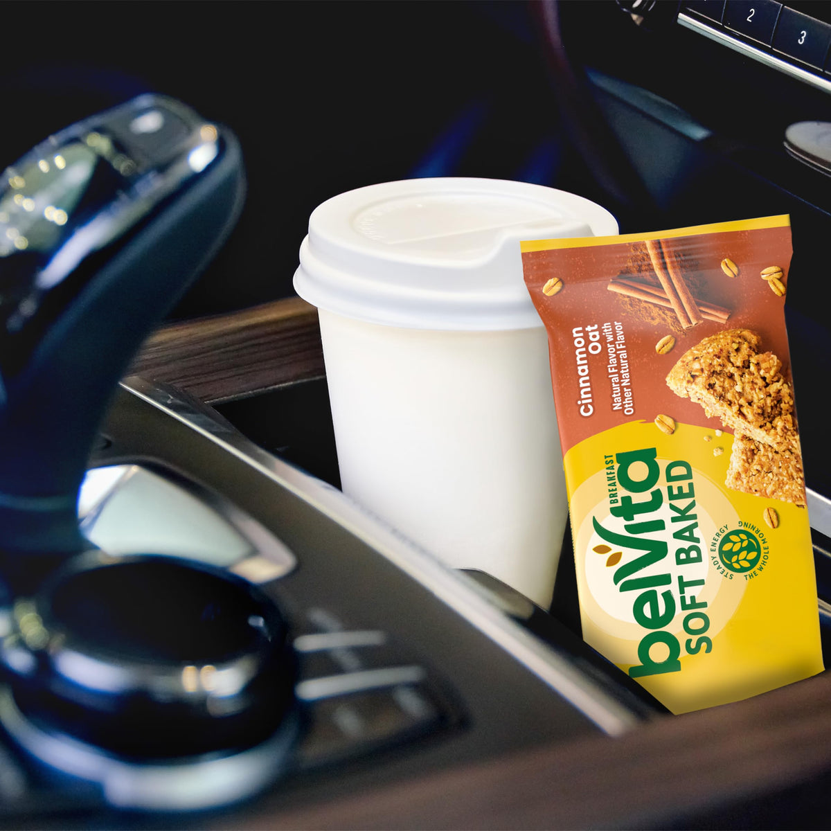 Belvita Cinnamon Oat Bars on a shelf display, ready for purchase.