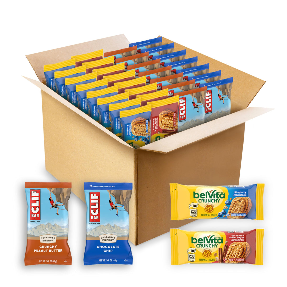Belvita–Clif variety-pack front view for easy on-the-go fueling during busy mornings.