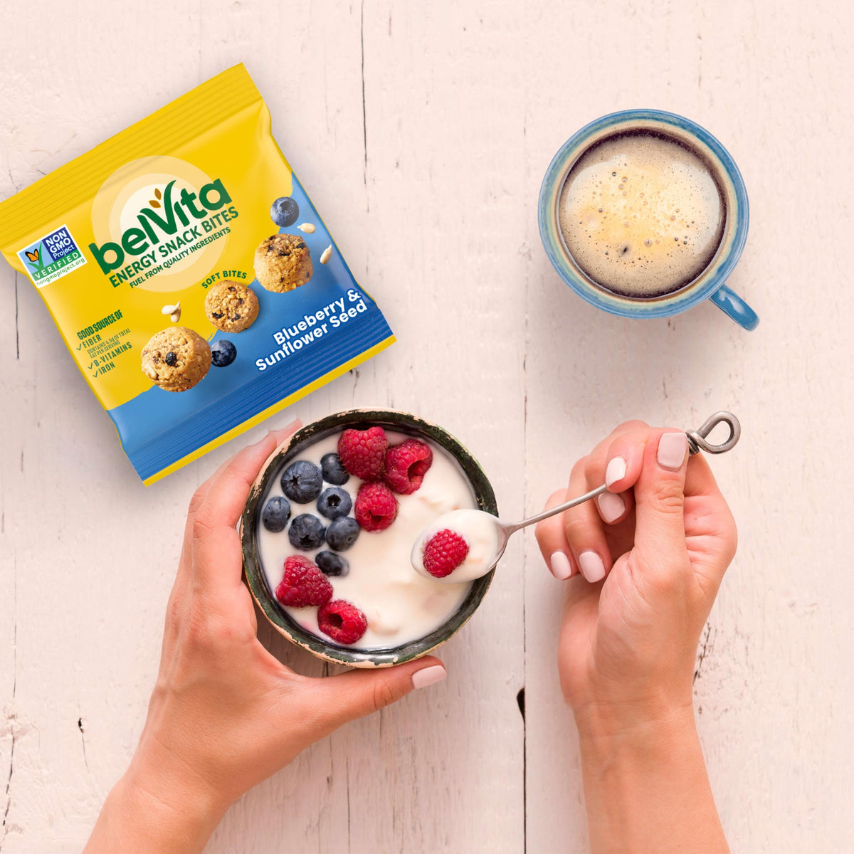 Belvita Blueberry flavor close-up showcasing real fruit and seeds.