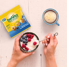 Belvita Blueberry flavor close-up showcasing real fruit and seeds.
