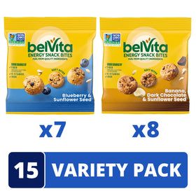Belvita Energy Snack Bites front-facing pack showing two flavors for easy selection.