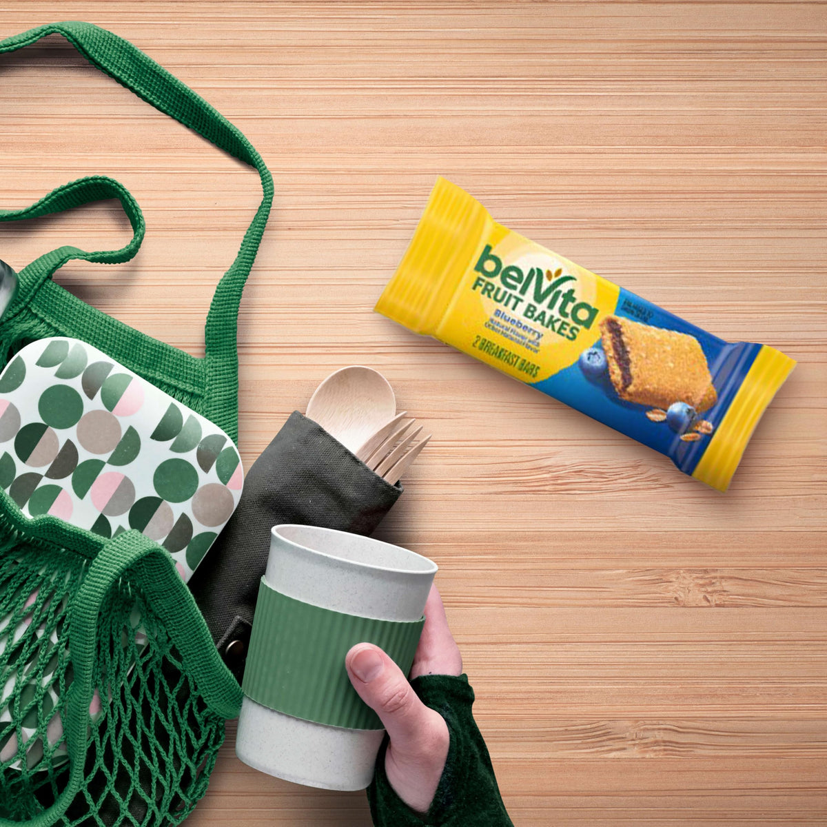 Belvita Fruit Bakes on-the-go snack with coffee
