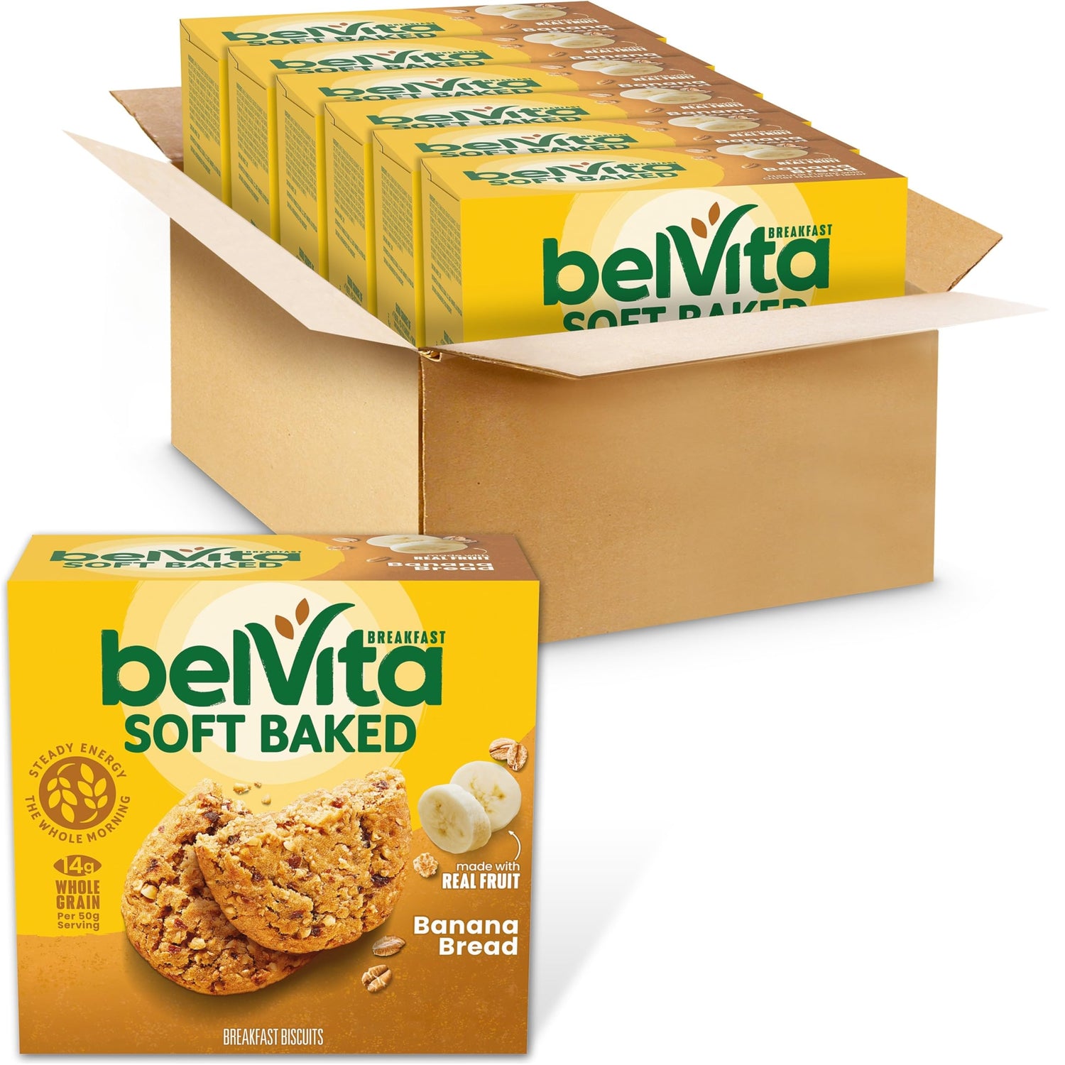 Belvita soft baked banana bread bar packfront for on-the-go breakfasts.