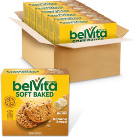 Belvita soft baked banana bread bar packfront for on-the-go breakfasts.
