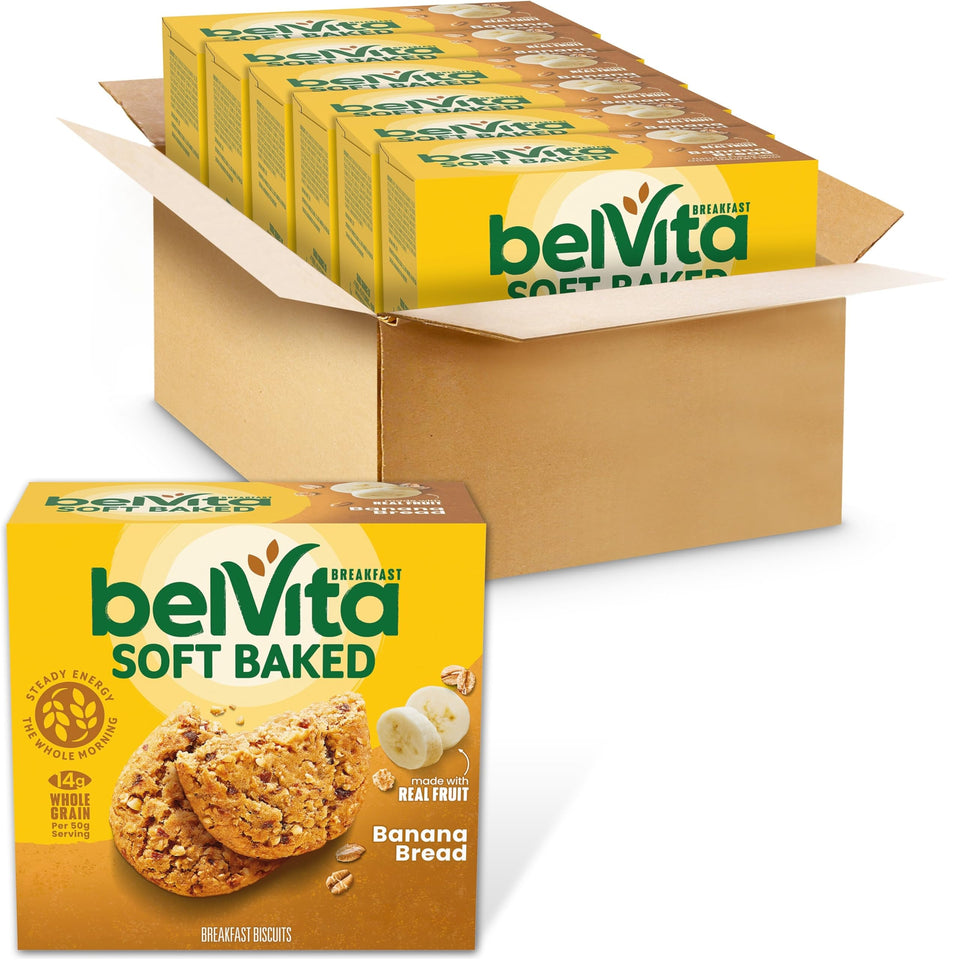 Belvita soft baked banana bread bar packfront for on-the-go breakfasts.