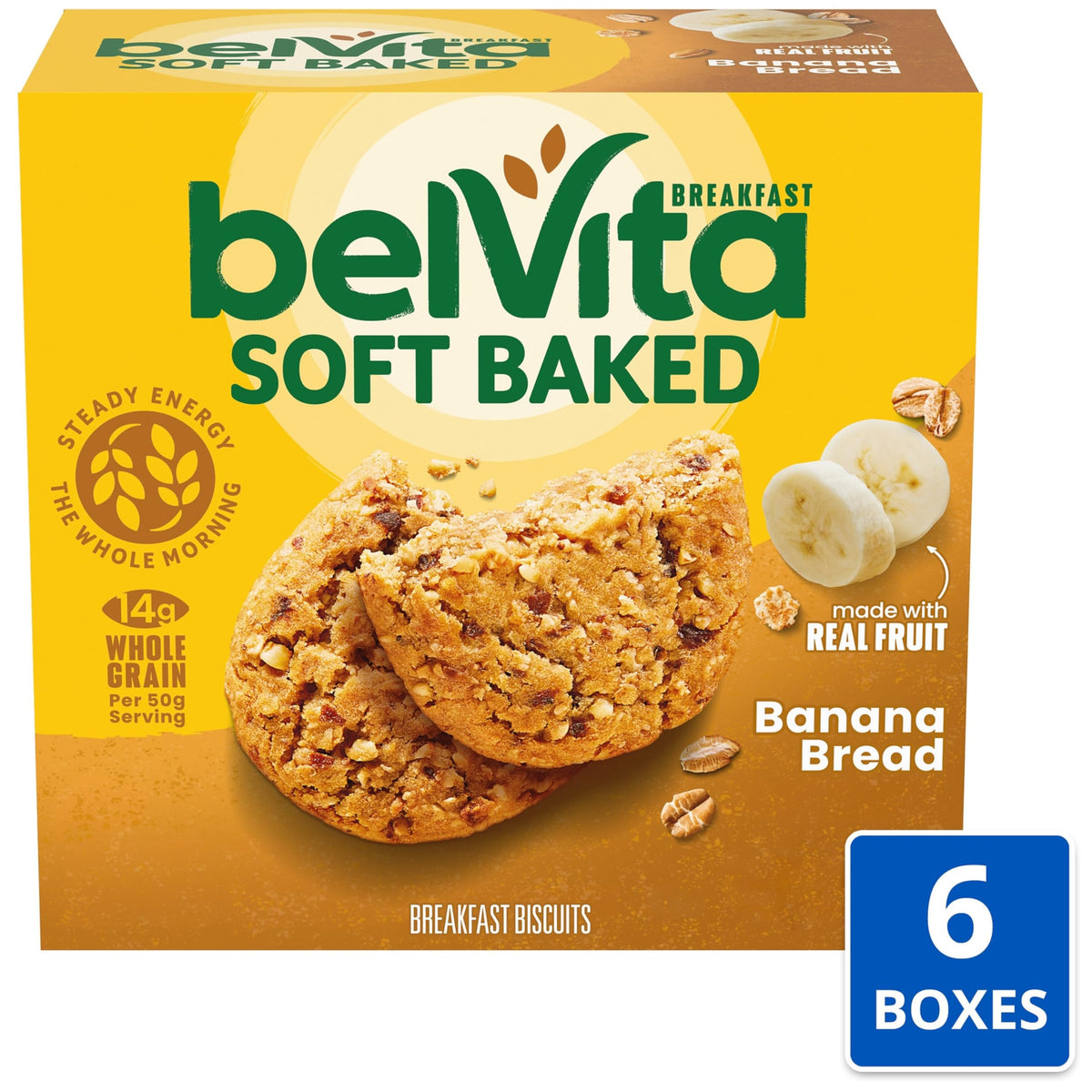 Belvita banana bread bar packside view highlighting convenient packaging.
