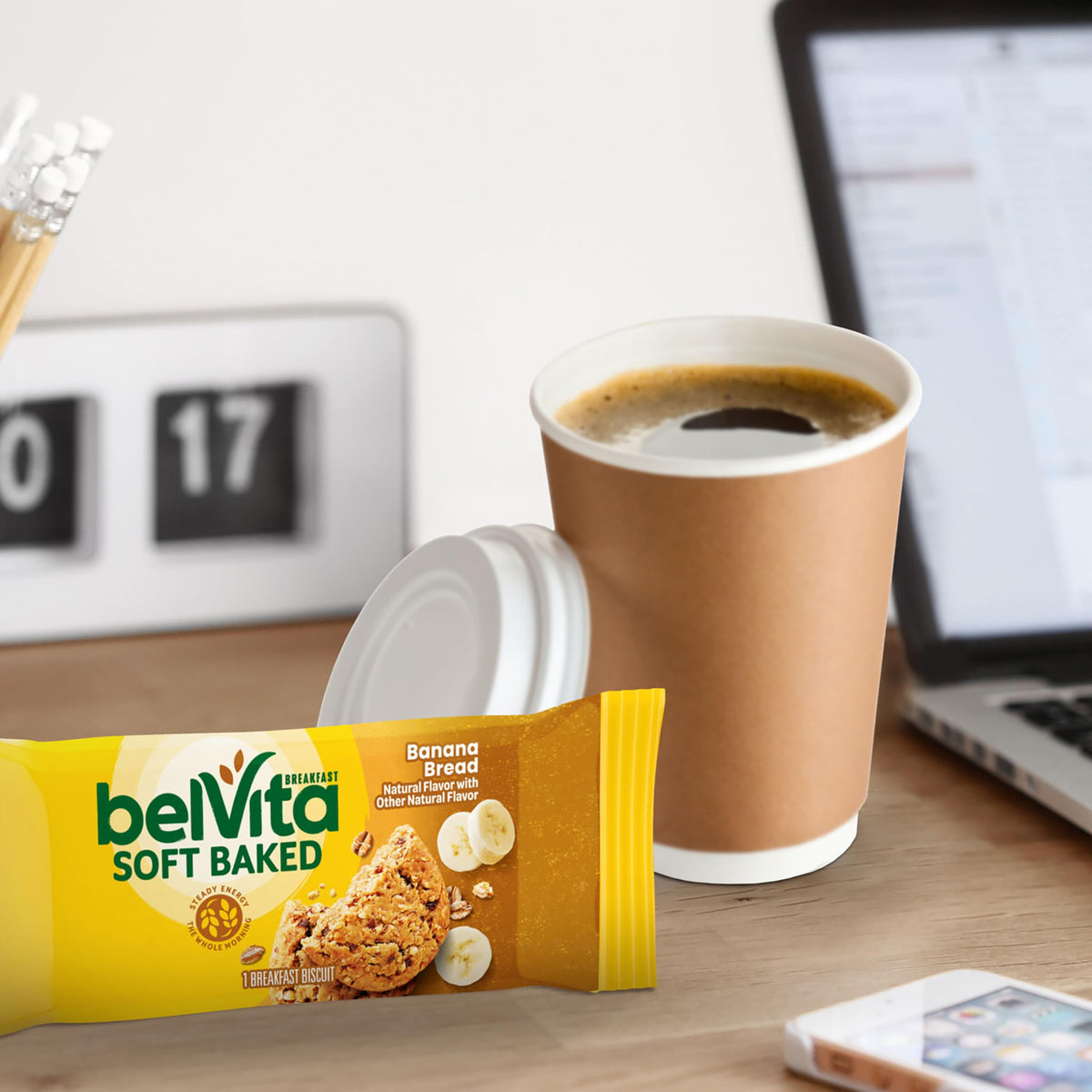 Belvita banana bread bar served with yogurt and fruit.