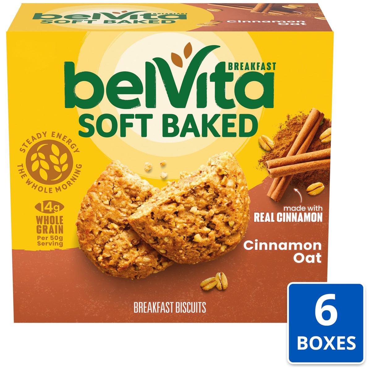 Close-up of Belvita bar highlighting its chewy texture for steady morning energy.
