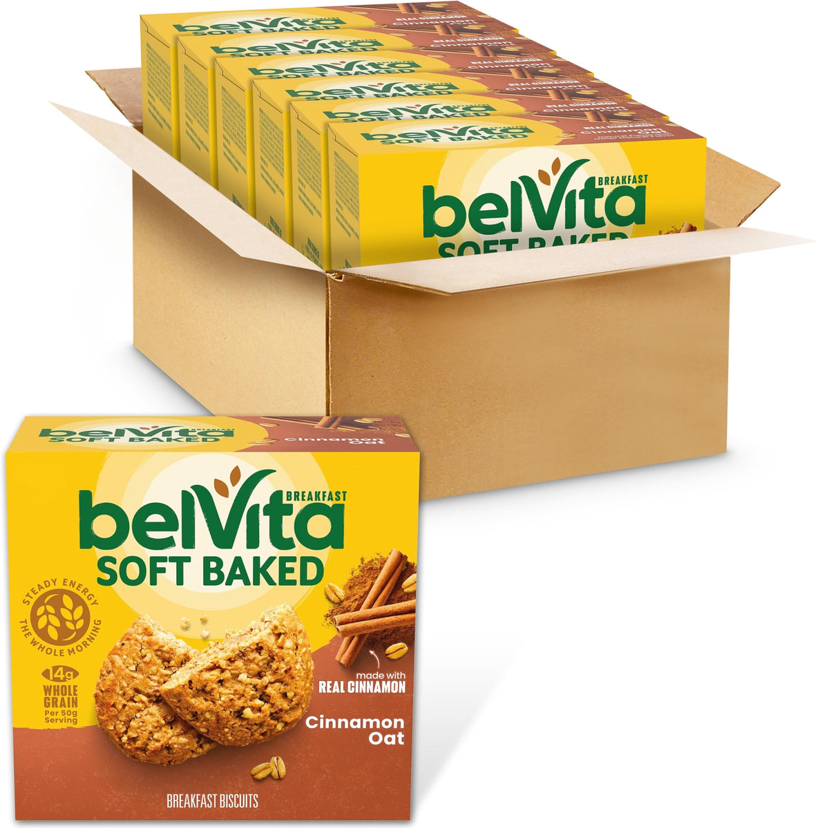 Belvita Soft Baked Cinnamon Oat Bar beside a coffee cup for a quick breakfast.