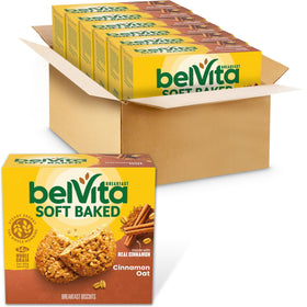 Belvita Soft Baked Cinnamon Oat Bar beside a coffee cup for a quick breakfast.