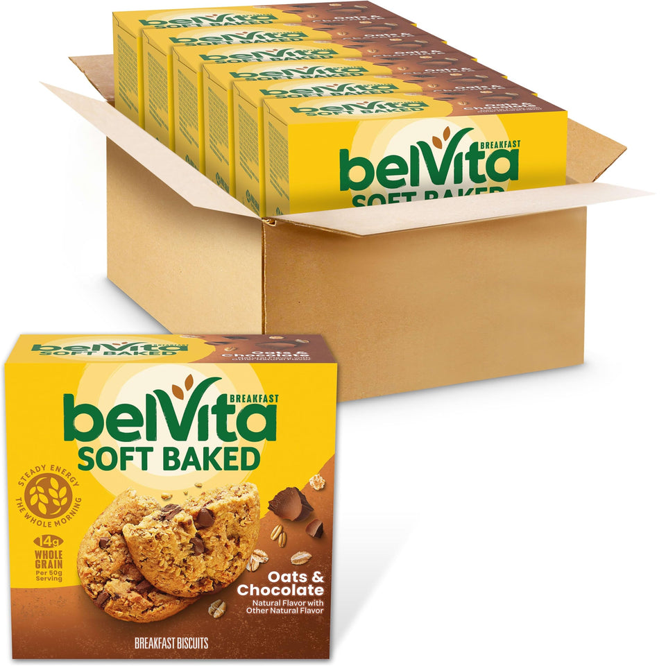 Belvita soft baked oats and chocolate bar packaging showing convenient breakfast option