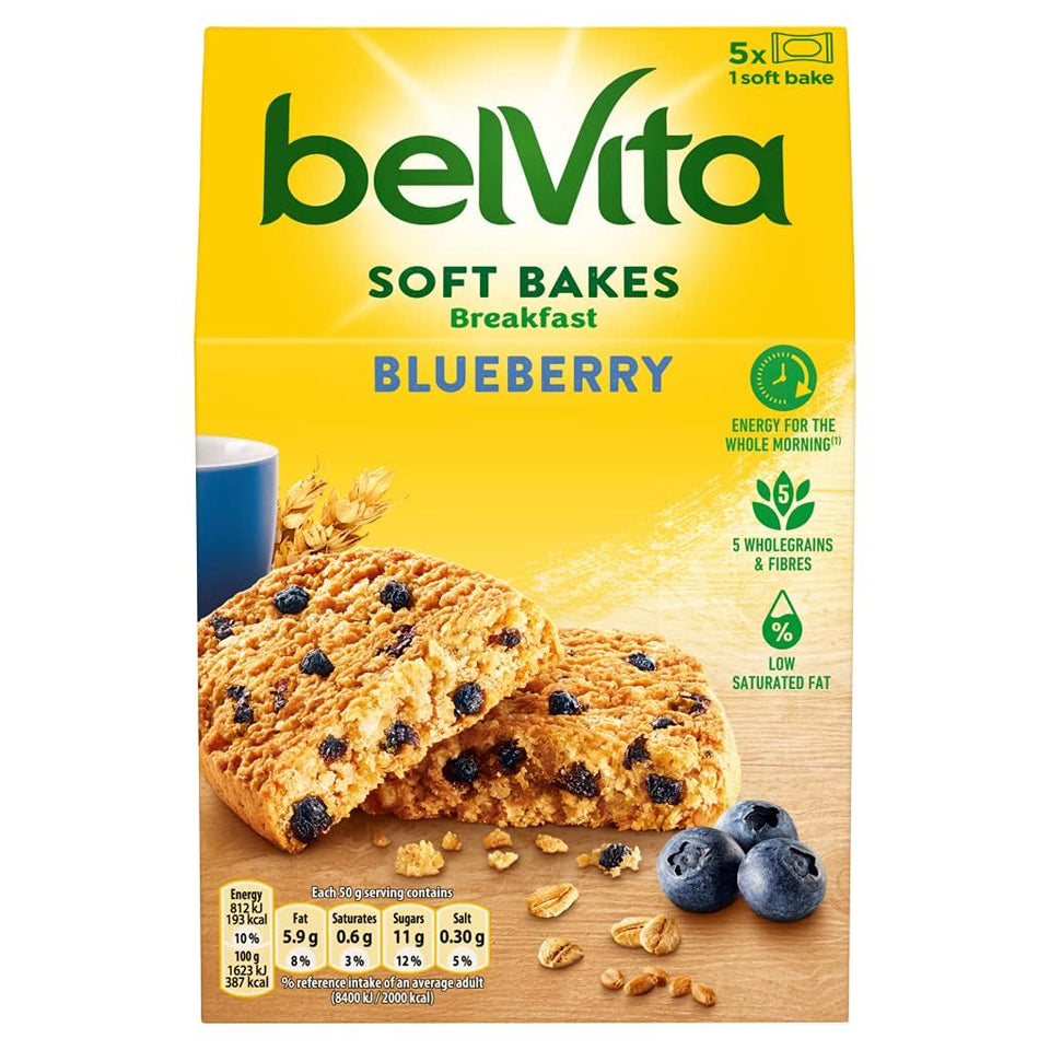 Belvita Soft Bakes Filled Blueberry biscuits packaging, convenient breakfast on the go.