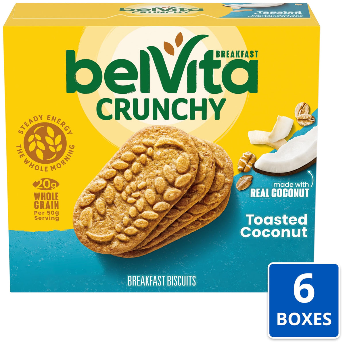 Belvita Toasted Coconut Breakfast Bars close-up reveals coconut texture for a flavorful morning.
