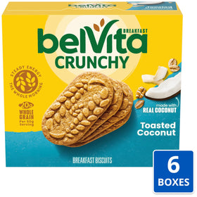 Belvita Toasted Coconut Breakfast Bars close-up reveals coconut texture for a flavorful morning.