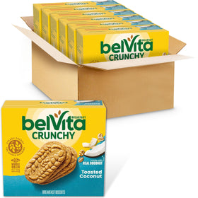 Belvita Toasted Coconut Breakfast Bars packaging showing four biscuits per pack, ideal for on-the-go mornings.