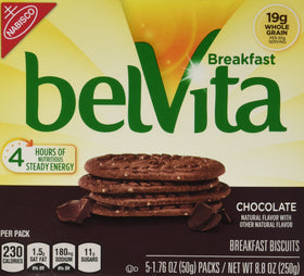 Belvita Whole Grain Chocolate Breakfast Biscuits front view, convenient morning snack for busy days.