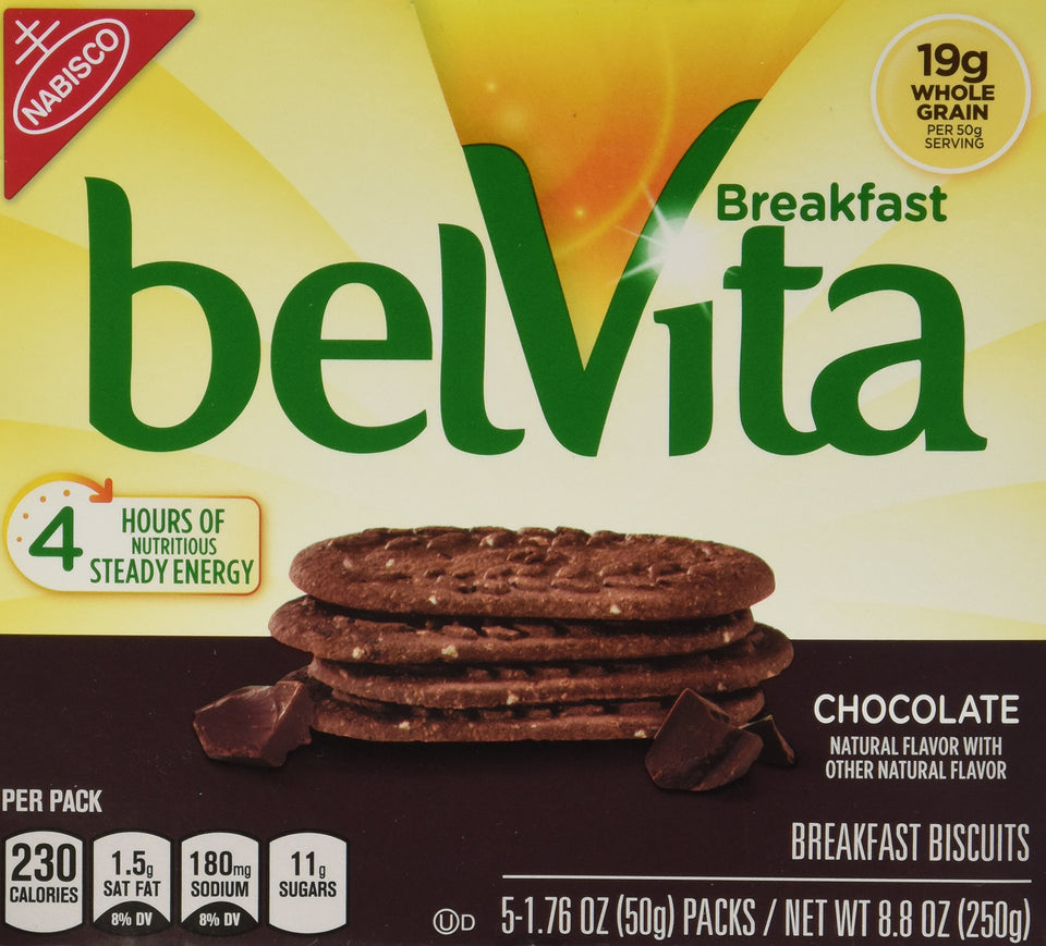 Belvita Whole Grain Chocolate Breakfast Biscuits front view, convenient morning snack for busy days.