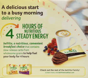 Belvita Whole Grain Chocolate Breakfast Biscuits serving view, pair with coffee for a balanced start.