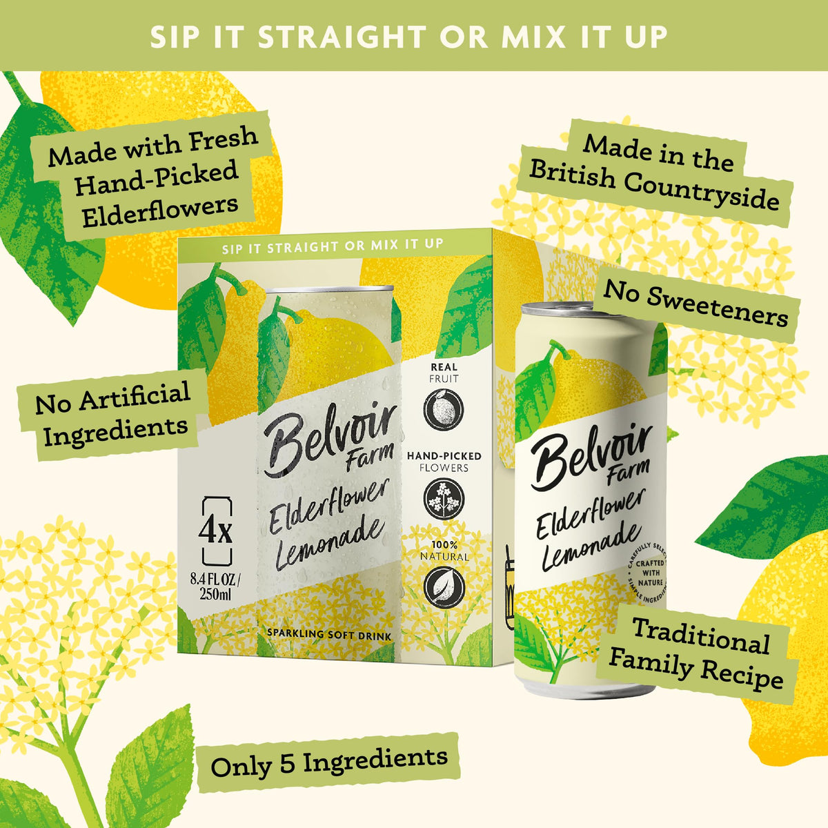 Belvoir Farms Sparkling Elderflower Lemonade label emphasizing natural ingredients