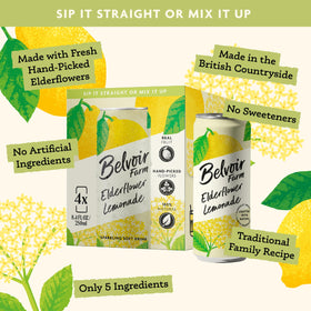 Belvoir Farms Sparkling Elderflower Lemonade label emphasizing natural ingredients