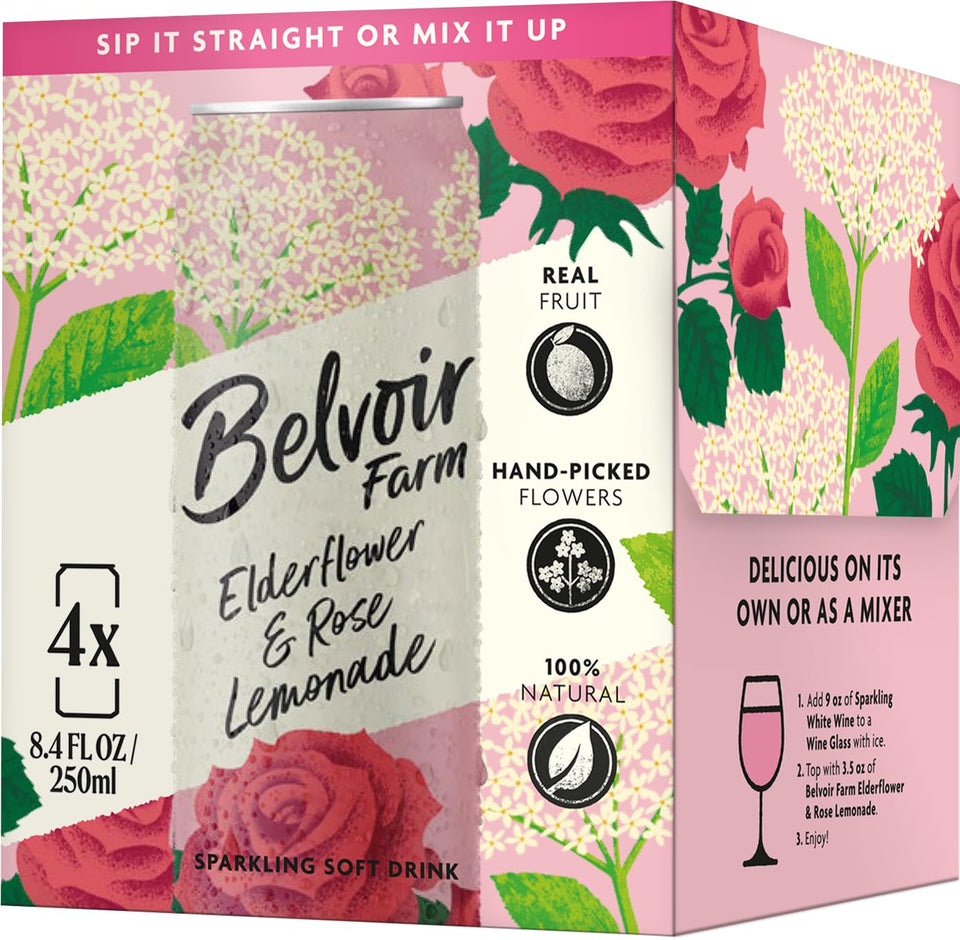 Belvoir Farm Elderflower & Rose Sparkling Lemonade can – refreshing floral notes for a sunny day.