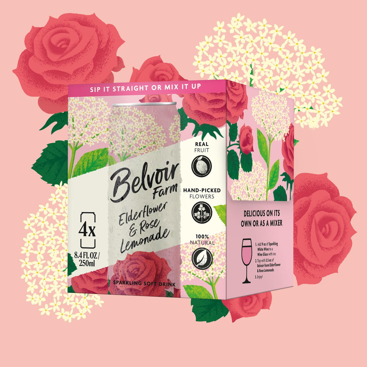 Belvoir Farm Elderflower & Rose Sparkling Lemonade can – perfect refreshment for gatherings.