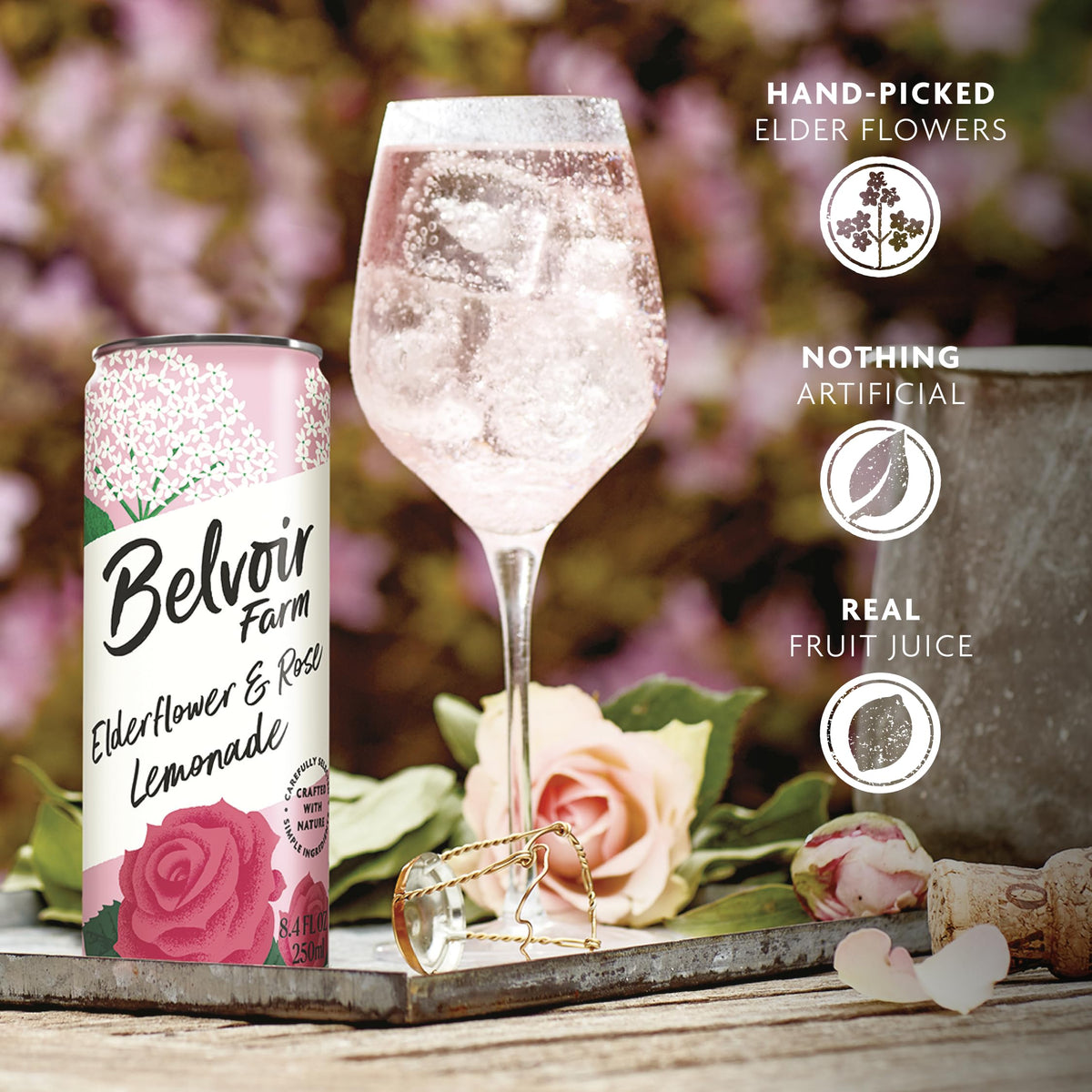 Belvoir Farm Elderflower & Rose Sparkling Lemonade can – ideal party staple with no artificial additives.