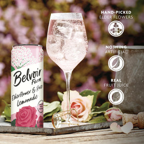 Belvoir Farm Elderflower & Rose Sparkling Lemonade can – ideal party staple with no artificial additives.